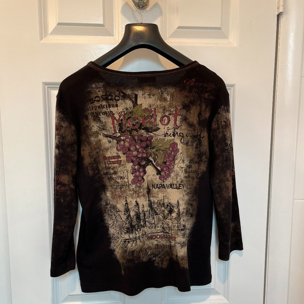 Cactus Med 3/4 Sleeve Embellished Tee Shirt- MERLOT